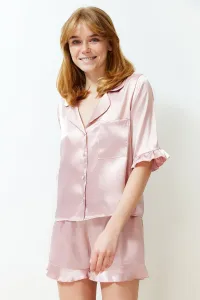Trendyol Pink Ruffle Detailed Satin Woven Pajamas Set