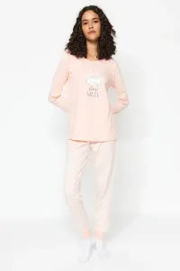 Trendyol Powder 100% Cotton Rabbit Printed Striped Tshirt-Jogger Knitted Pajamas Set