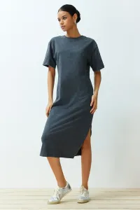 Trendyol Anthracite 100% Cotton Distressed Effect Slit Shift/Comfortable Fit Knitted Midi Dress #9189946