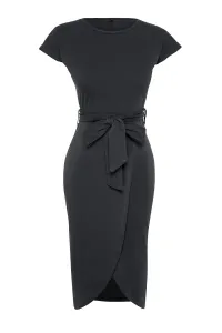 Trendyol Anthracite 100% Cotton Double Breasted Closure Tie Detailed Midi Knitted Maxi Dress