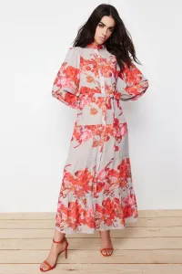 Trendyol Beige Lined Floral Patterned Belted Woven Dress