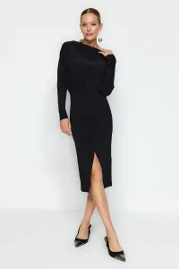 Trendyol čierny hrebenatý golier A-line / A-line formálne midi strečové pletené šaty