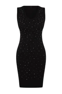 Trendyol Black Stone Detailed Bodycone Mini V Neck Knitted Mini Dress #9309290