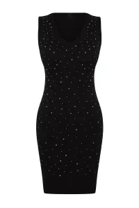 Trendyol Black Stone Detailed Bodycone Mini V Neck Knitted Mini Dress #9309291
