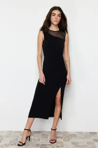 Trendyol Black Tulle Detailed Gathered Slit Bodycone/Sleeping Knitted Maxi Dress #9613995