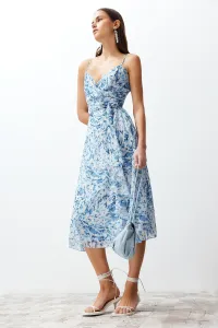 Trendyol Blue Animal Patterned Flounced Skirt Chiffon Lined Midi Woven Dress