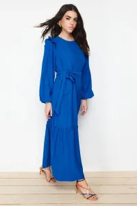 Trendyol Blue Belted Viscose Blended Woven Dress with Ruffled Shoulder Skirt Flounce Lined
