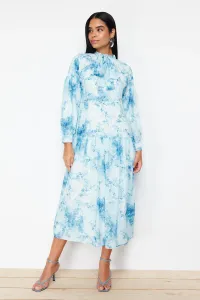 Trendyol Blue Lined Floral Patterned Belted Woven Dress #9190456