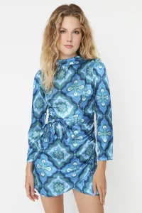Trendyol modré vzorované saténové tkané šaty #5347817