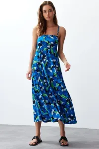 Trendyol Blue Printed Decollete Square Neck A-Line Crepe/Texture Knitted Maxi Dress #9312859