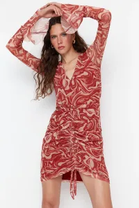 Trendyol Limited Edition Brown Printed Knitted Mini Dress, Fitted with Shirring Detail,