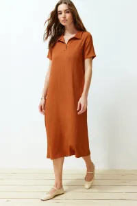 Trendyol Cinnamon Polo Collar Short Sleeve Wrap/Textured Knitted Midi Dress #9247801