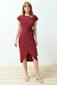 Trendyol Burgundy 100% Cotton Double Breasted Closure Belt Detailed Midi Knitted Dress