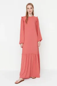 Trendyol Coral Crew Neck Sleeves Fluffy Woven Dress #4796487