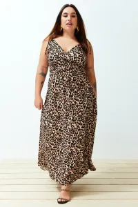 Trendyol Curve Camel Maxi Slit Detailed Leopard Patterned Woven Dress