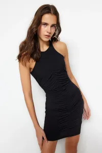 Trendyol Black Shirred Detail Fitted Halter Collar Mini Flexible Knit Dress