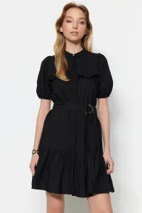 Trendyol Black Belted Mini Woven Embroidery Balloon Sleeve Detailed Shirt Dress #5662281