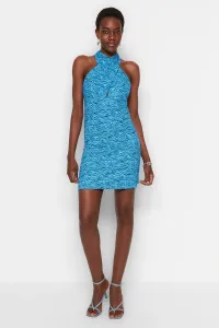 Trendyol Blue Printed Cross-Neck A-Line Mini Knitted Dress