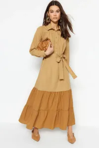 Trendyol Camel Color Block Belted Half Paw Cotton Woven Dress