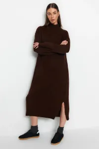 Trendyol Brown Wide Fit Midi Knitwear Soft Textured Stand Collar Dress
