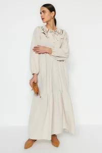 Trendyol Cream Collar With Embroidered Half Patties, Linen-Look Woven Dress