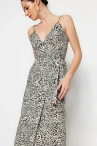 Trendyol Ecru dvojradové midi tkané leopardie vzorované tkané šaty