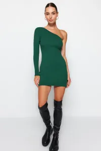 Trendyol Smaragdový manšestr Mini pletené šaty na jedno rameno