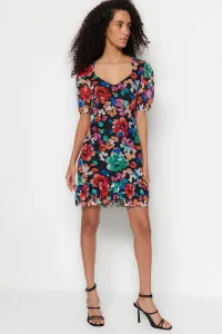 Trendyol Viacfarebné kvetinové potlače A-line mini tylové pletené šaty s nízkym strihom