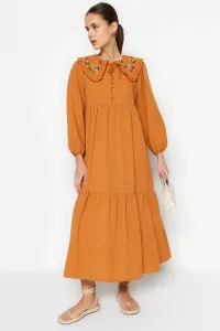 Trendyol Cinnamon Collar Embroidered Half Pat Linen Look Woven Dress