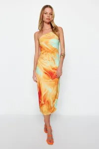 Trendyol oranžové vypasované midi šaty na jedno rameno, flexibilný pletený pletený šaty s oranžovou potlačou #6364895