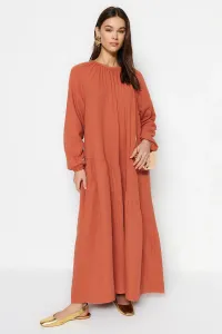 Trendyol Cinnamon Shirred Detail 100% bavlnený mušelín širokého strihu podšité tkané šaty