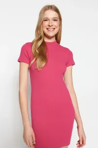 Trendyol Fuchsia Fitted Short Sleeve Crew Neck Mini Ribbed Stretchy Knitted Dress #5896430