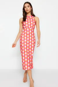 Trendyol Red Crepe Retro Patterned Fitted/Sleeping Cut Out Detailed High Neck Knitted Dress