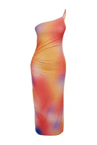 Trendyol viacfarebné vypasované midi strečové pletené šaty s potlačou na jedno rameno #6005307