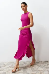 Trendyol Fuchsia Zero Sleeve Slit Ruffle Detail Flexible Knitted Dress