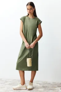 Trendyol Khaki 100% Cotton Moon Sleeve Shift/Comfortable Cut Midi Knitted Midi Dress #9159392