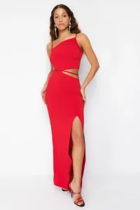 Trendyol červené dlhé večerné šaty s detailmi potrubia