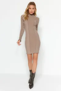 Trendyol Mink Stand-Up Collar Ribbed Flexible Fitted Stitching Detail Mini Knitted Dress