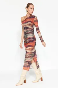 Trendyol Multicolored Fitted Draped One Shoulder Tulle Lined Maxi Knitted Dress