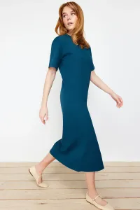 Trendyol Petrol 100% Cotton Slit Detailed Shift/Comfortable Cut Mid Knitted Midi Dress #9212115