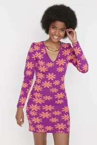 Trendyol Purple Floral Pattern V-Neck Sweater Dress