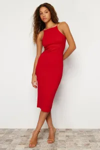 Trendyol Red Fitted Halter Neck Ribbed Stretchy Knitted Midi Pencil Dress