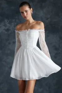 Trendyol White Waist Opening/Skater Woven Lined Graffed Chiffon Wedding/Nikah Elegant Evening Dress