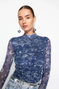 Trendyol Indigo Patterned Draped Tulle Fitted Knitted Body with Snap Fasteners