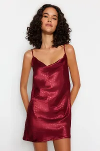 Trendyol Burgundy Premium Satin Heart Patterned Turndown Collar Woven Nightgown