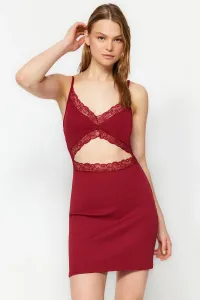 Trendyol Burgundy Cotton Lace Detailed Ribbed Knitted Nightdress with Strap