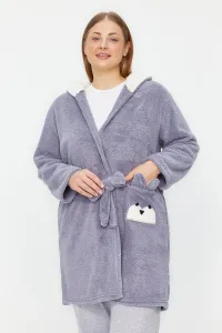 Trendyol Curve Gray Animal Figured Wellsoft Knitted Dressing Gown with Pockets #8791036