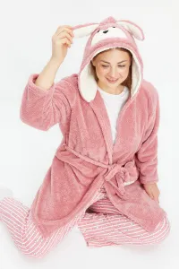 Trendyol Curve Powder Animal Figured Hooded Wellsoft Knitted Dressing Gown with Pockets #8607483