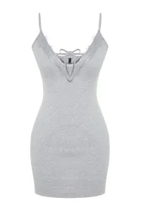 Trendyol Grey Melange Cotton Lace and Tie Detailed Ribbed Knitted Nightdress with Strap
