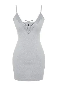 Trendyol Grey Melange Cotton Lace and Tie Detailed Ribbed Knitted Nightdress with Strap